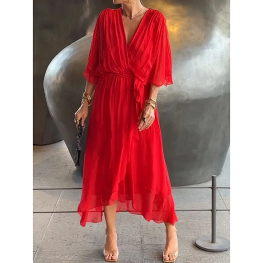 Camila | Mujer vestido midi con escote en V y cinturón