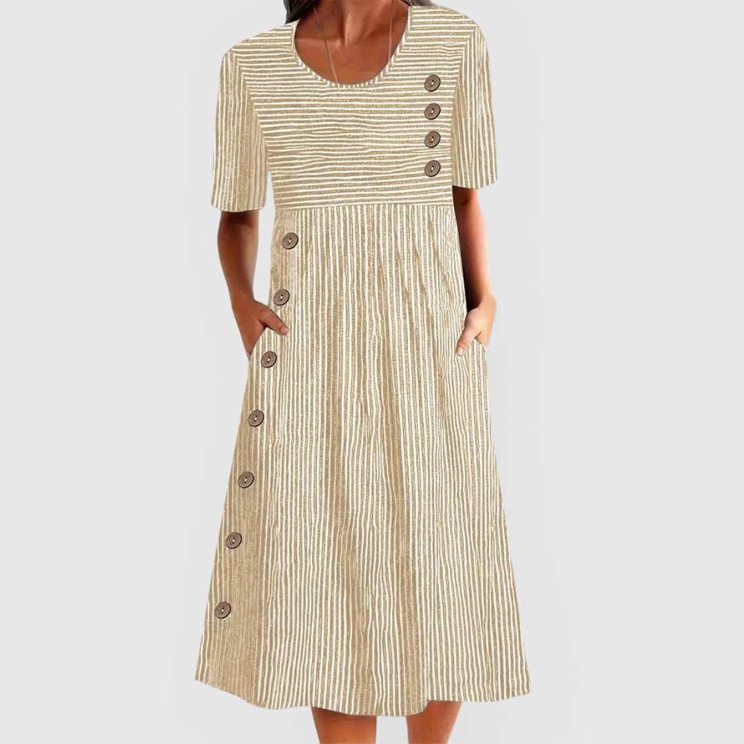 Carmen | Damen-Midikleid mit Streifen und dekorativen Knöpfen
