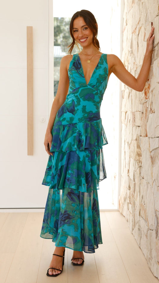 Ilduara | Vestido maxi para mujer con estampado floral y volantes