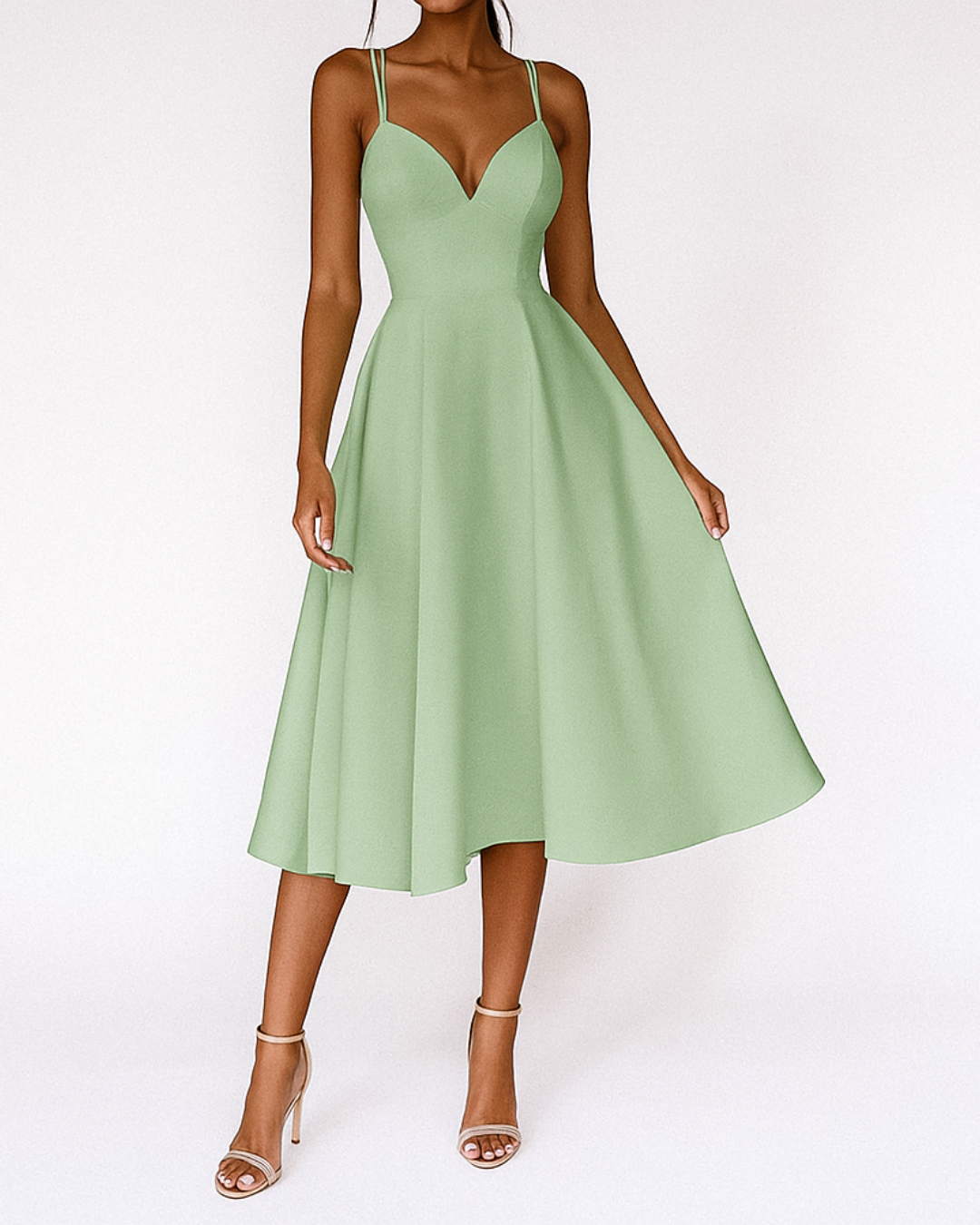 Katia | Vestido midi de boda para mujer con tirantes finos y falda amplia