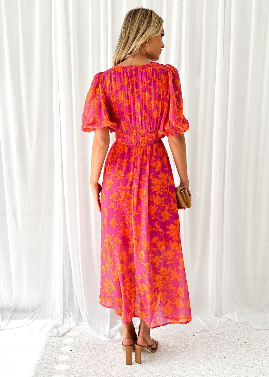 Asun | Vestido midi floral con mangas abullonadas para mujer