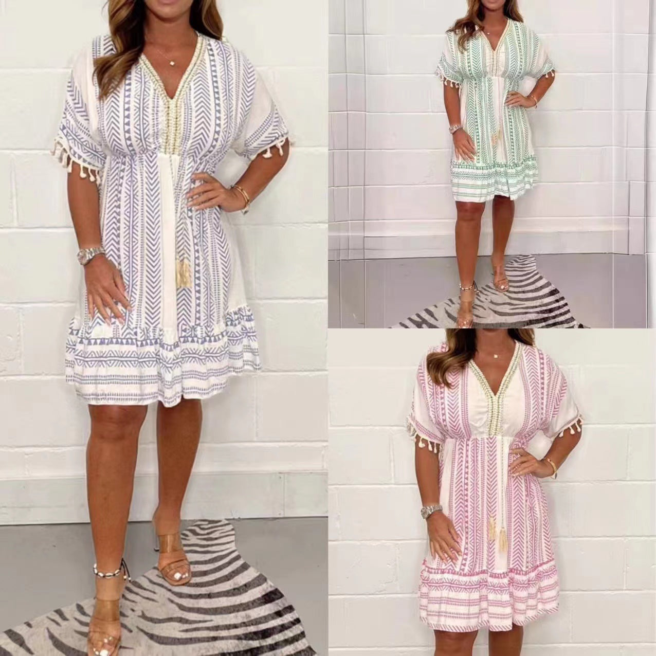 Marina | Boho-Minikleid für Damen mit V-Ausschnitt und Quasten