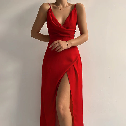 Isabel | Vestido satinado estilo Ibiza con abertura lateral