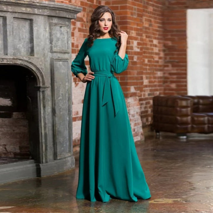 Zelmira | Vestido Largo Elegante para Mujer con Cinturón de Tela