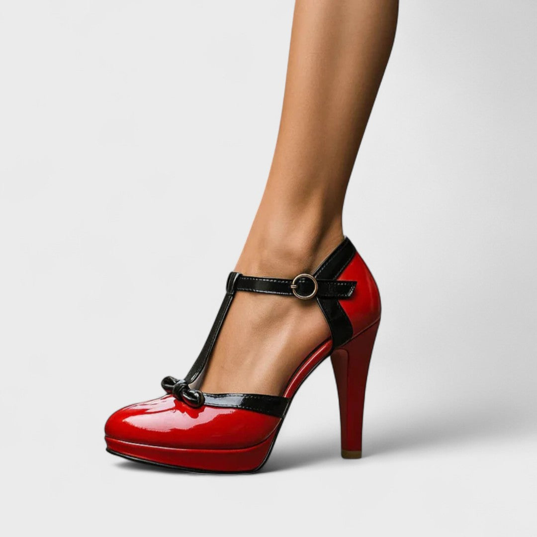 Amriel | Sandalias de tacón alto para mujer con tiras en T y lazo cómodas | Estables