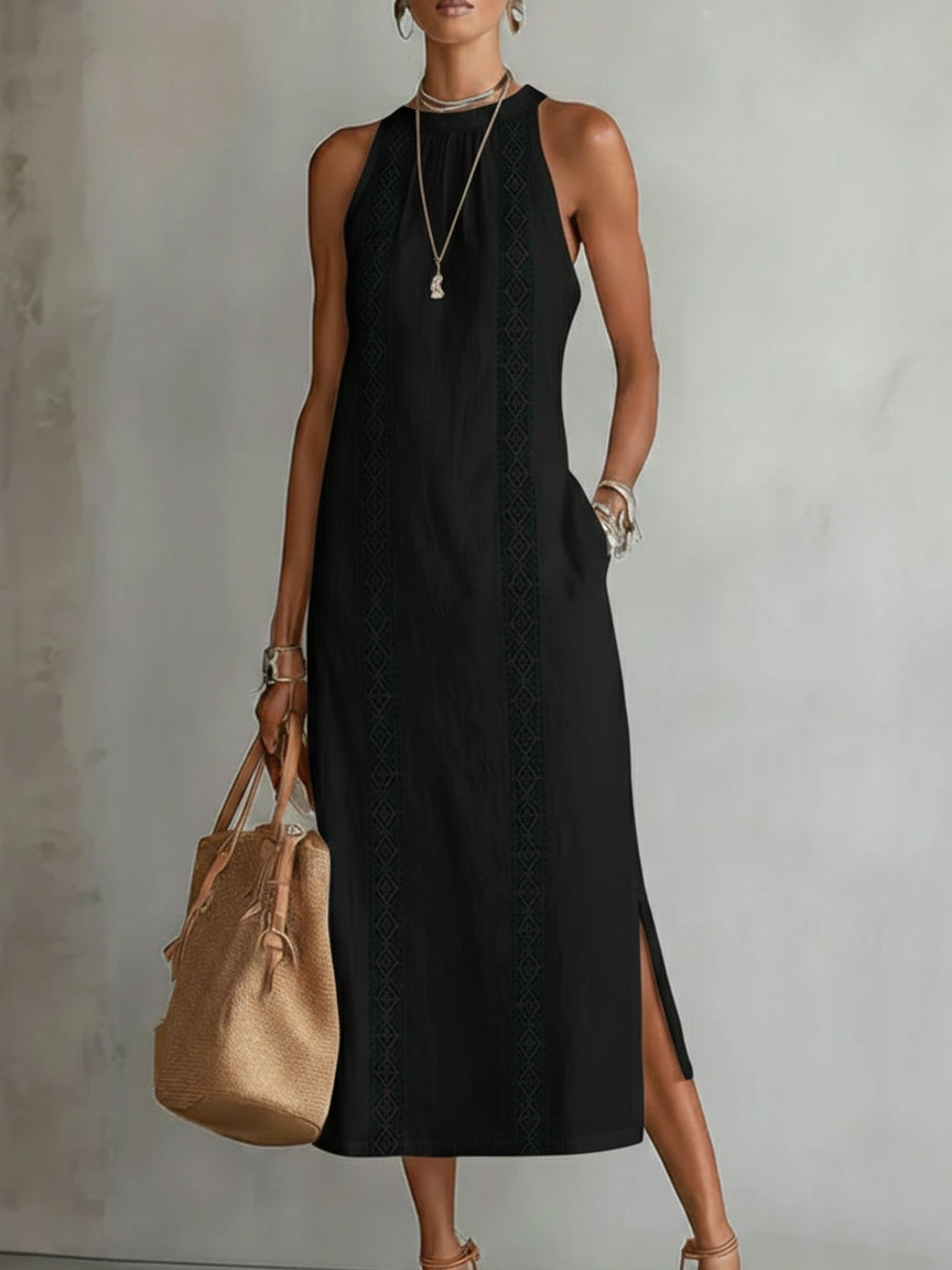 Gregoria | Besticktes Midikleid mit weitem Stehkragen