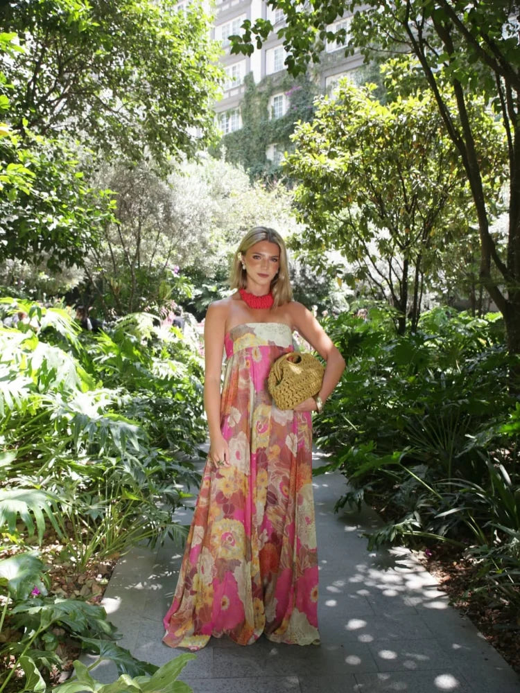 Lurevia | Maxikleid für Damen mit Blumenmuster und trägerlosem Hochzeitsstil