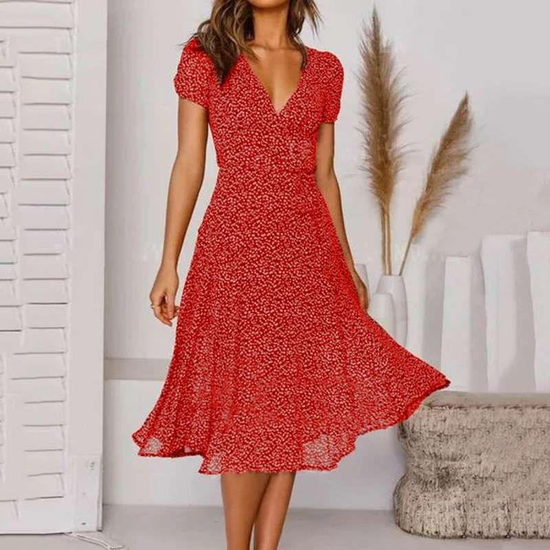Teodora | Robe midi avec décolleté en V et manches courtes