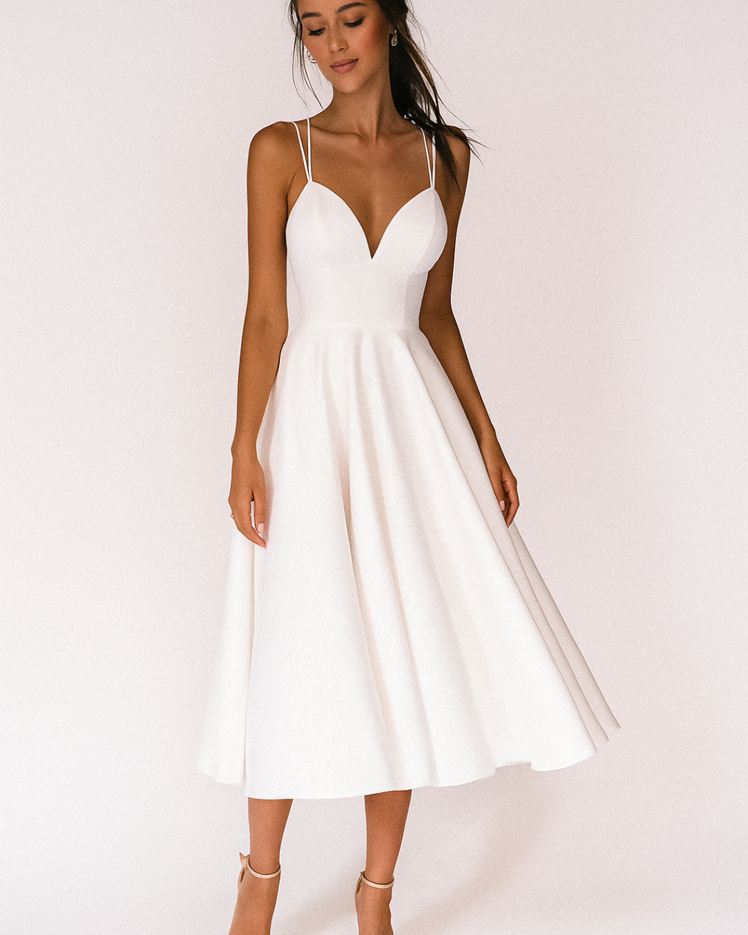 Katia | Vestido midi de boda para mujer con tirantes finos y falda amplia