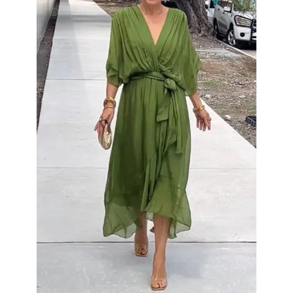 Camila | Mujer vestido midi con escote en V y cinturón