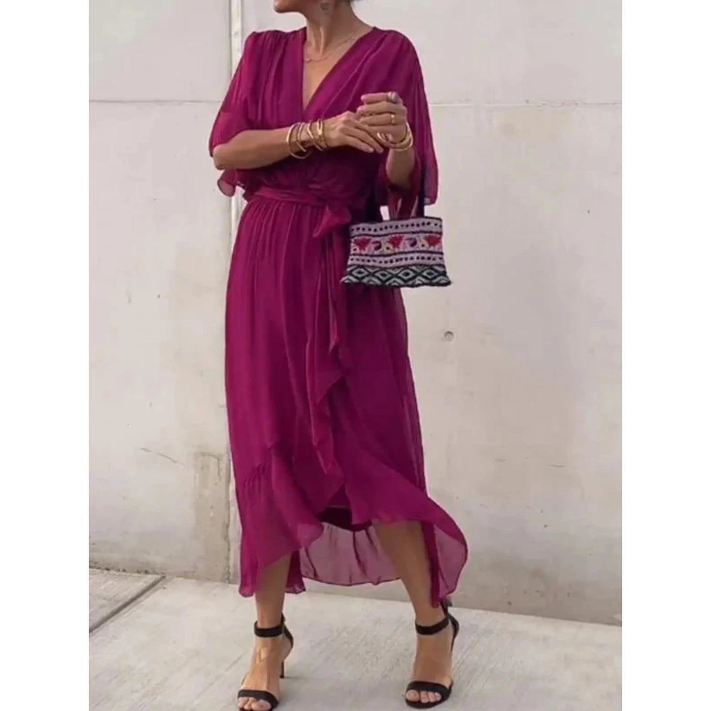 Camila | Mujer vestido midi con escote en V y cinturón