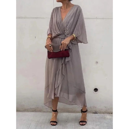 Camila | Mujer vestido midi con escote en V y cinturón