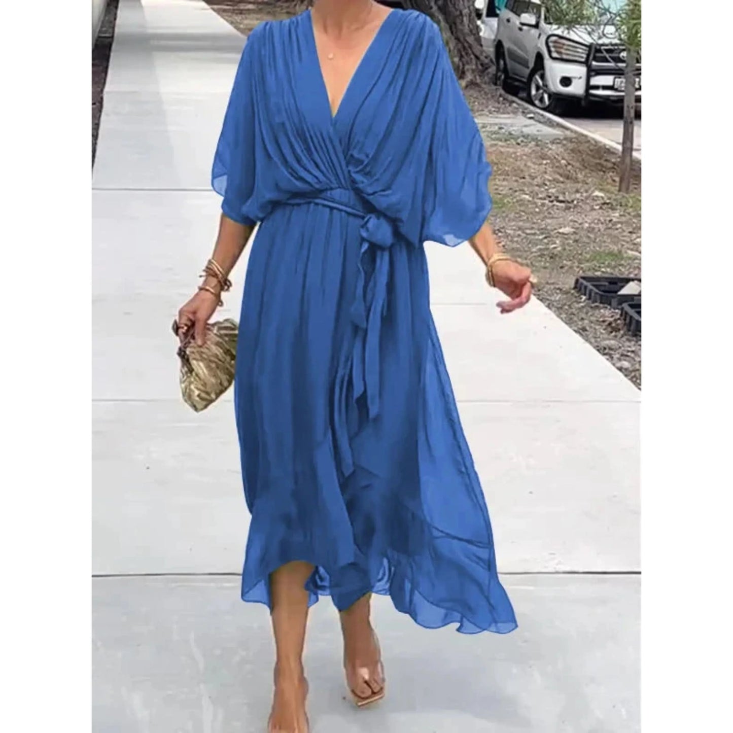Camila | Mujer vestido midi con escote en V y cinturón