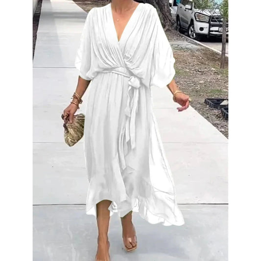 Camila | Mujer vestido midi con escote en V y cinturón