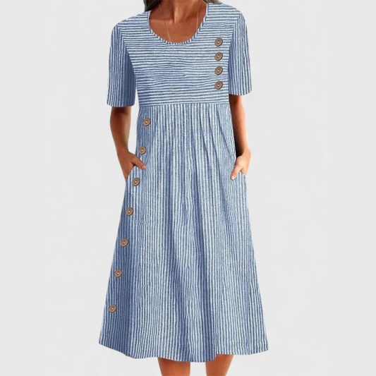 Carmen | Vestido midi de mujer con rayas y botones decorativos