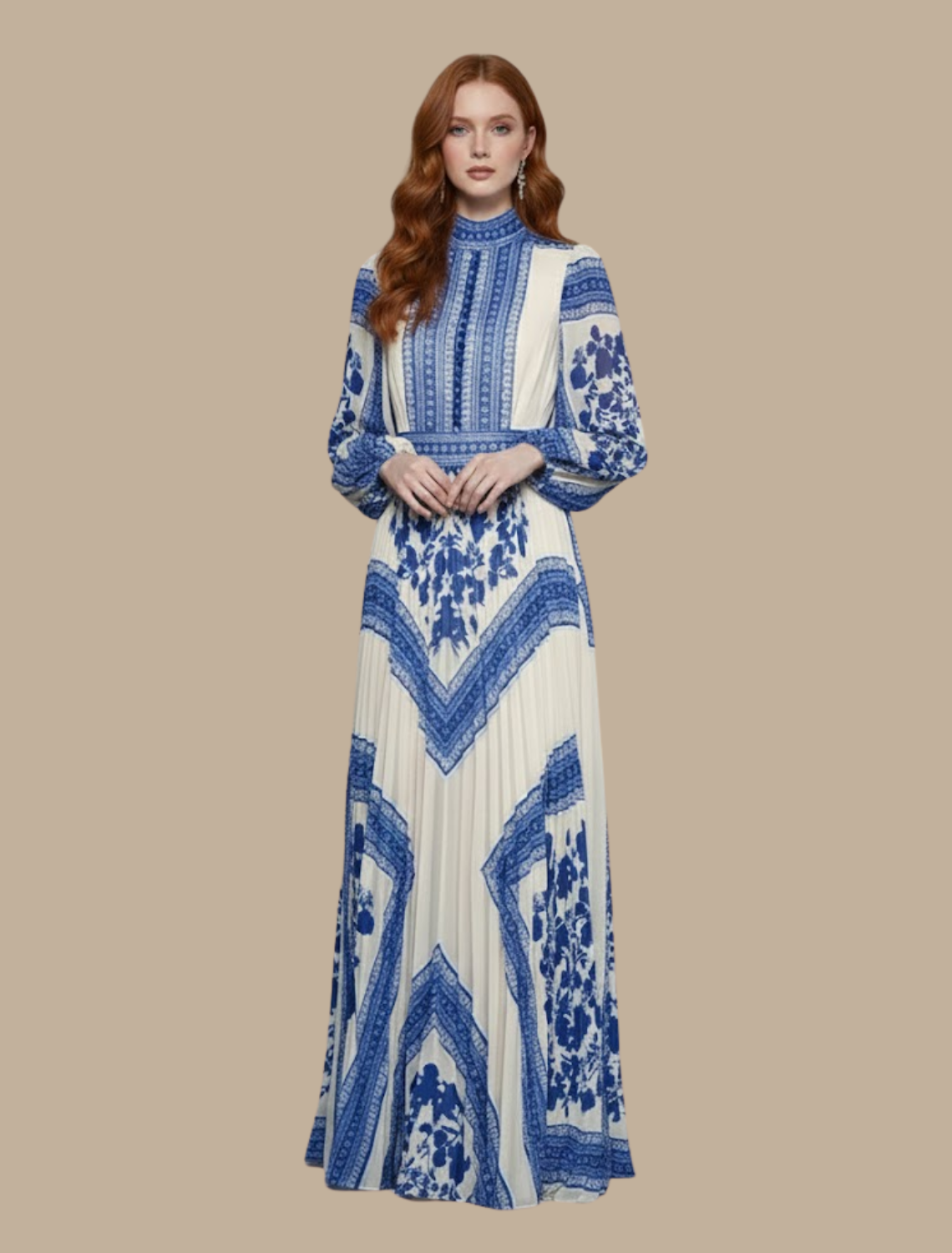 Lucía | Maxikleid für Damen mit Plisseefalten, langen Ärmeln und Muster  