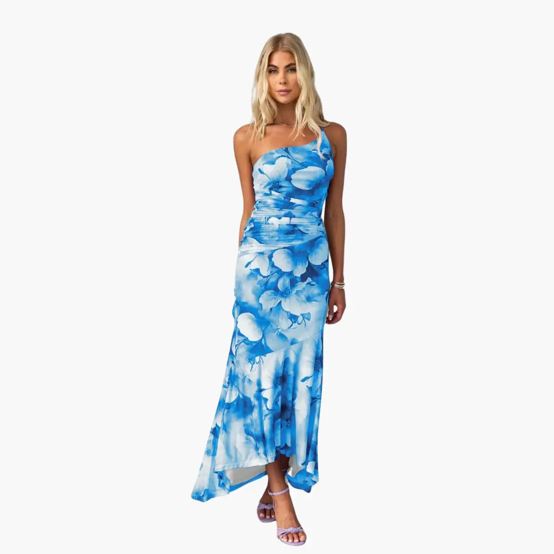 Catalina | Elegantes, einseitig schulterfreies Damenkleid mit Blumenmuster  