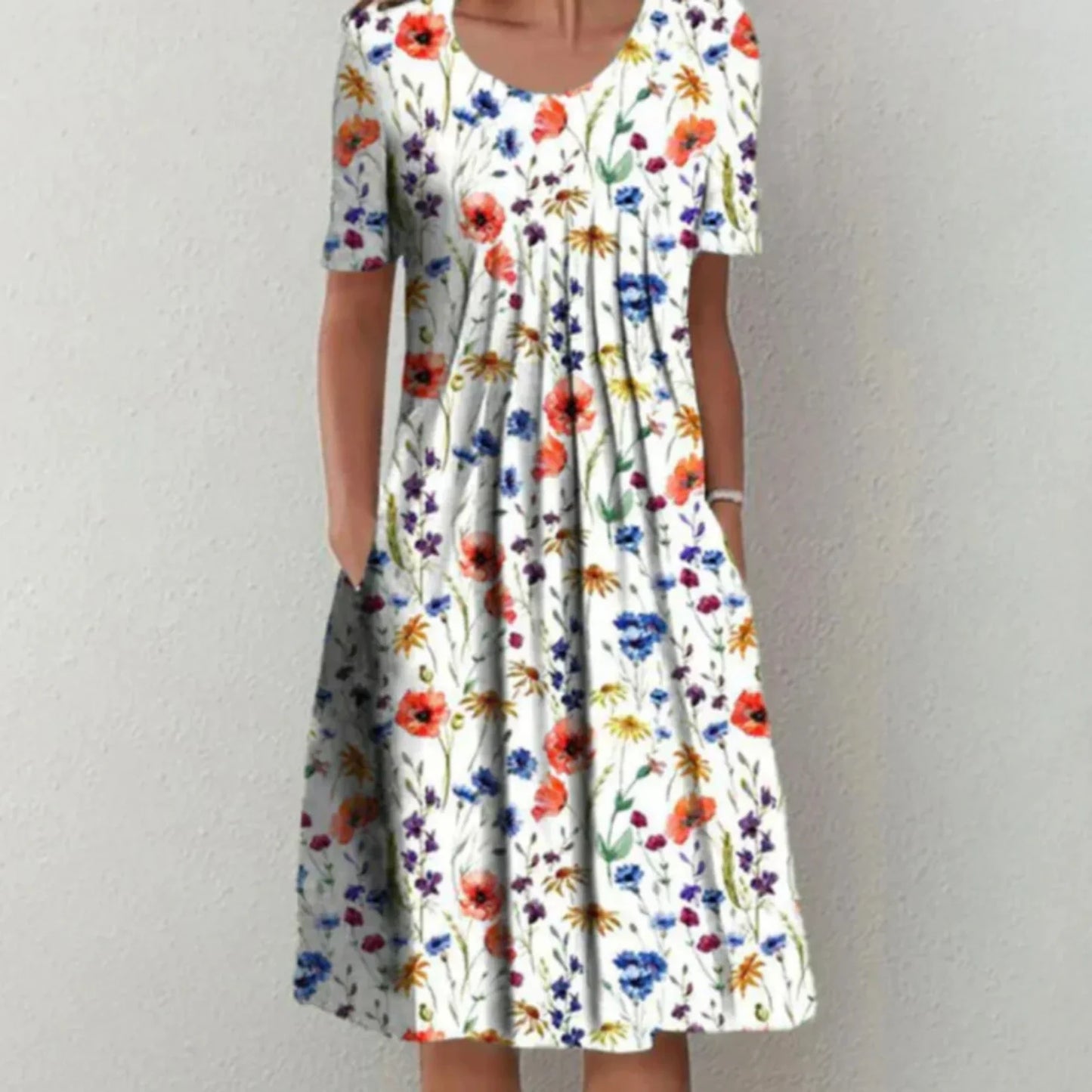 Clara | Mujer vestido midi floral con manga corta y bolsillos
