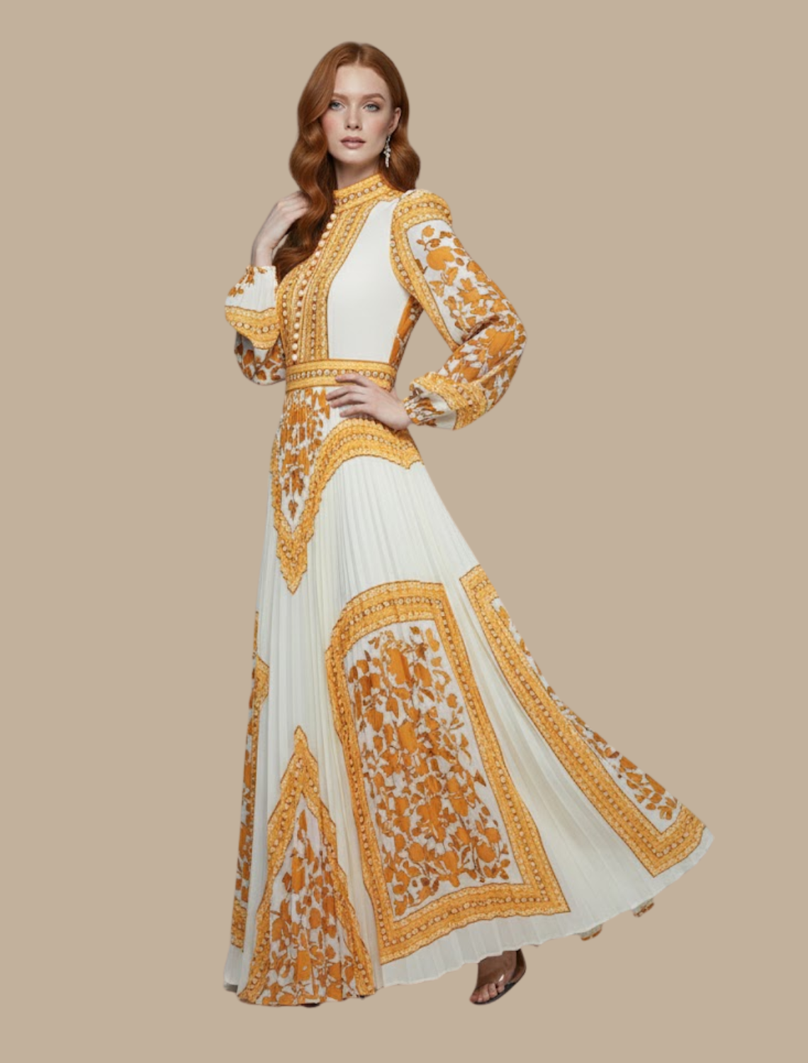 Lucía | Maxikleid für Damen mit Plisseefalten, langen Ärmeln und Muster  
