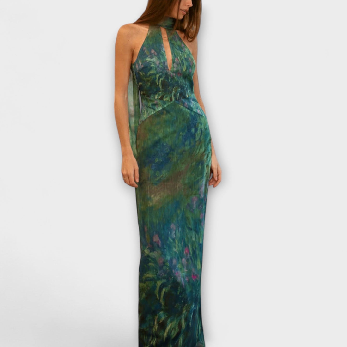 Carmen | Vestido maxi con cuello halter y estampado artístico largo