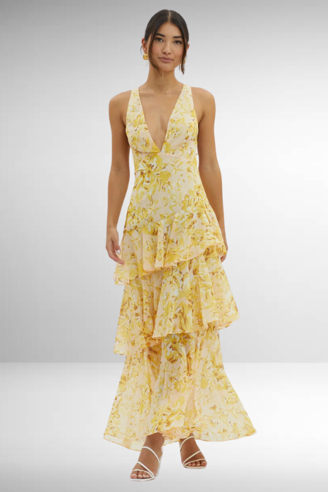 Ilduara | Vestido maxi para mujer con estampado floral y volantes