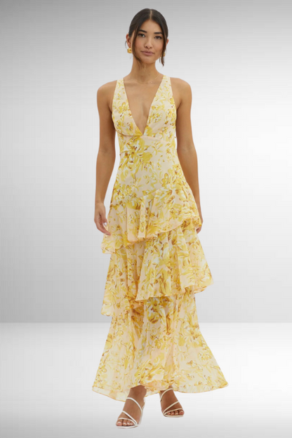 Ilduara | Vestido maxi para mujer con estampado floral y volantes