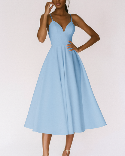 Katia | Vestido midi de boda para mujer con tirantes finos y falda amplia