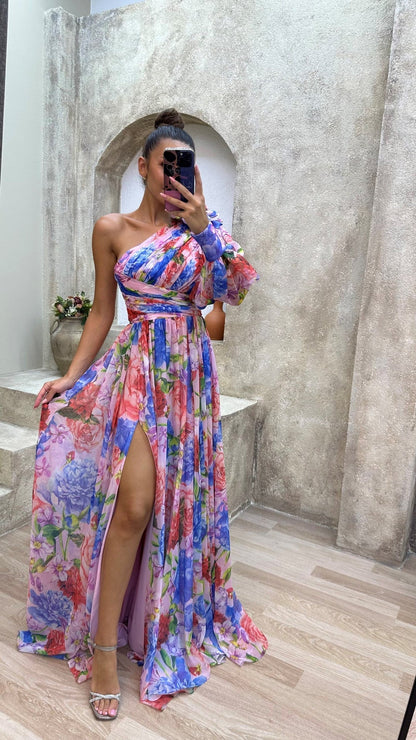Oria | Vestido maxi elegante para mujer con estampado floral y abertura