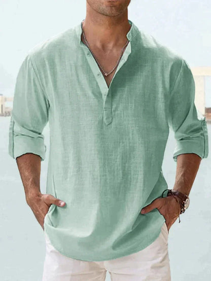 Javier | Hombre camisa con manga larga y corte suelto cuello sin solapa