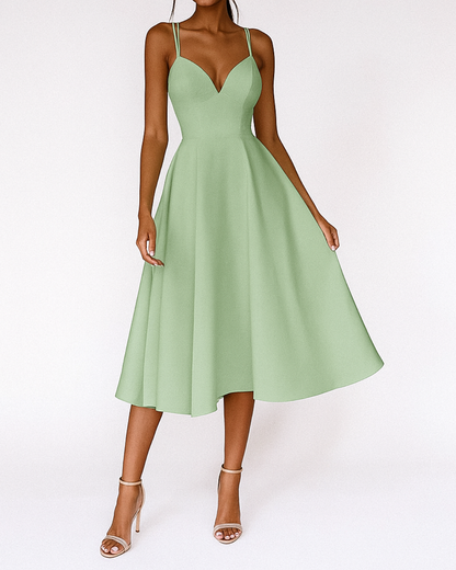 Katia | Vestido midi de boda para mujer con tirantes finos y falda amplia