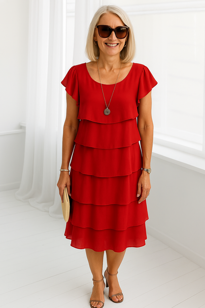 Karla | Damen Midi-Kleid mit Lagen und kurzen Ärmeln