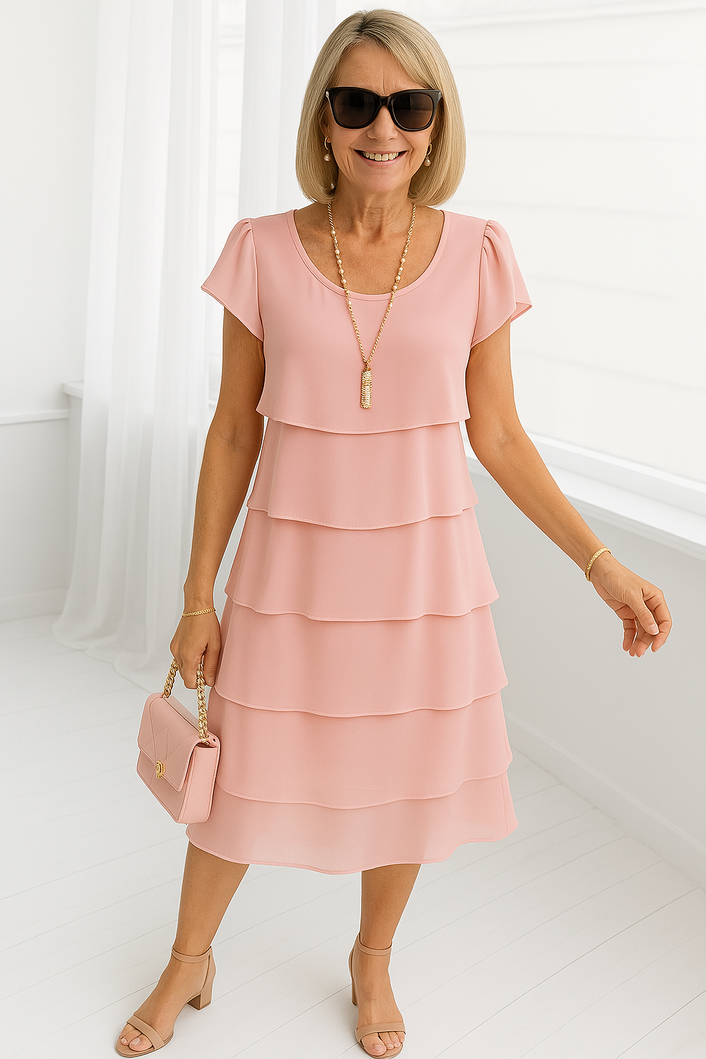 Arelis | Vestido Midi para Mujer con Capas y Mangas Cortas