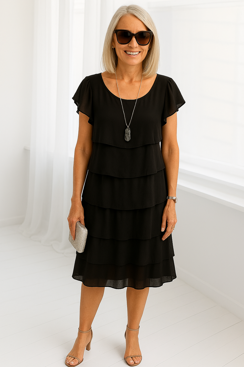 Karla | Damen Midi-Kleid mit Lagen und kurzen Ärmeln