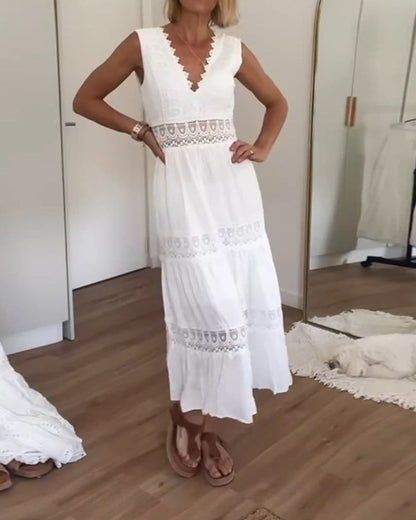 Jimena | Vestido midi de mujer estilo bohemio con encaje y escote en V