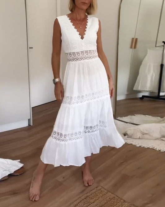 Jimena | Vestido midi de mujer estilo bohemio con encaje y escote en V