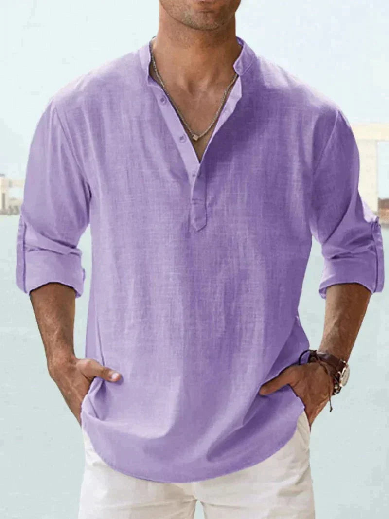 Javier | Hombre camisa con manga larga y corte suelto cuello sin solapa