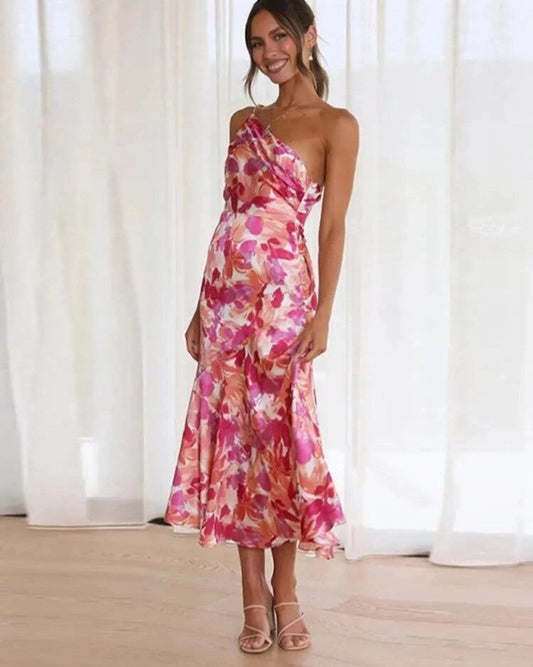 Carla | Vestido maxi de verano de mujer con corte asimétrico y estampado floral