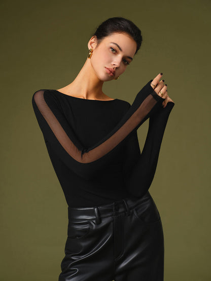 Casilda | Top primaveral elegante con mangas de malla para mujer