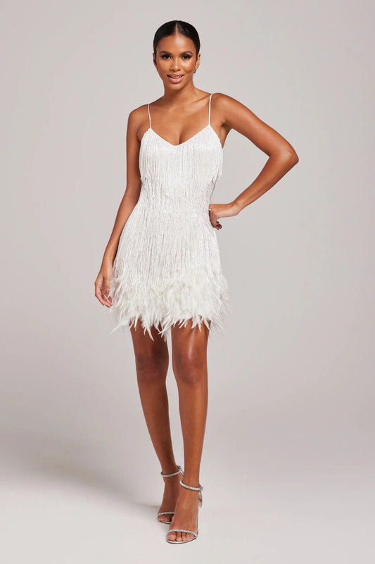 Elora | Vestido de cóctel para mujer con flecos y plumas