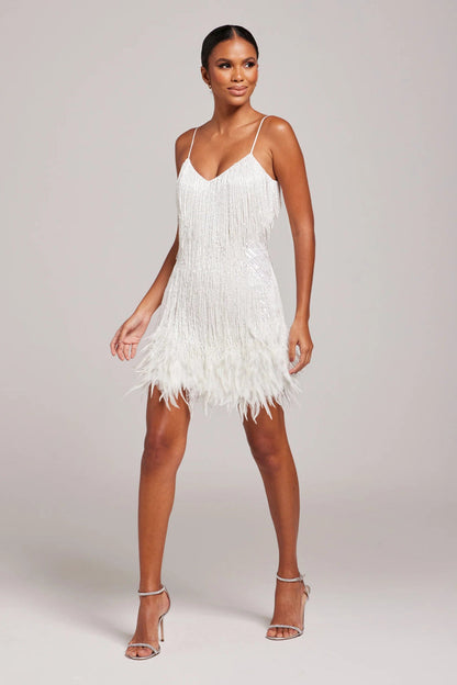 Elora | Vestido de cóctel para mujer con flecos y plumas