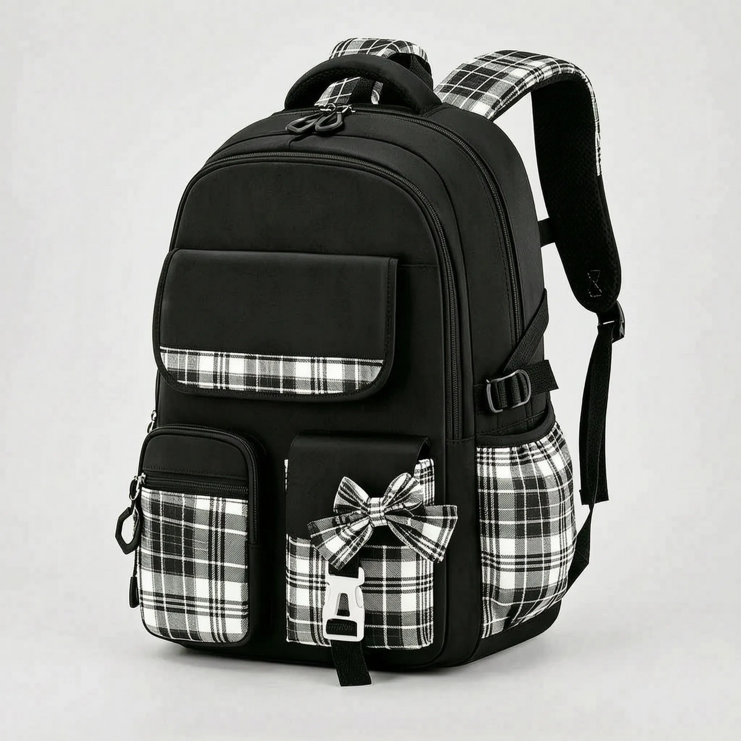 Chiki | Schulrucksack mit Karomuster und Taschen