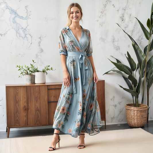 Lourdes | Vestido midi con cuello V y estampado floral con cinturón