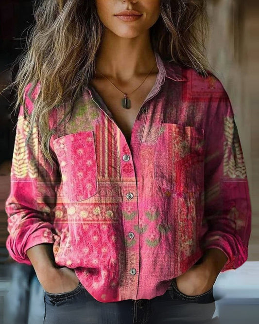 Mónica | Mujer blusa vintage con manga larga y botones diseño estampado