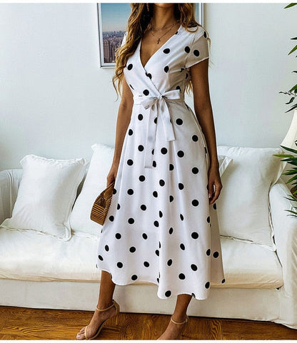 Clementina | Elegancka sukienka midi dla kobiet w groszki z kokardą