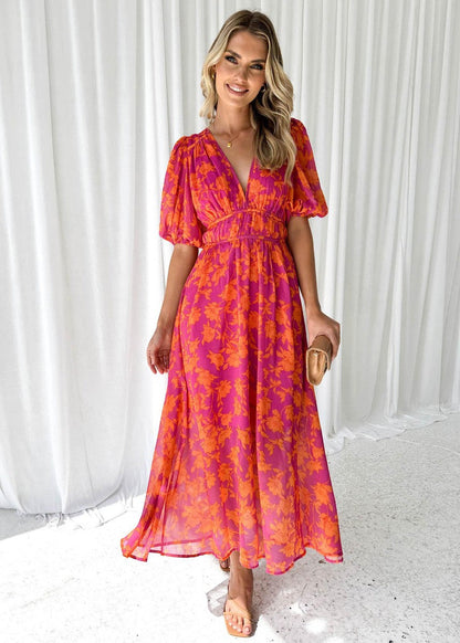 Asun | Vestido midi floral con mangas abullonadas para mujer