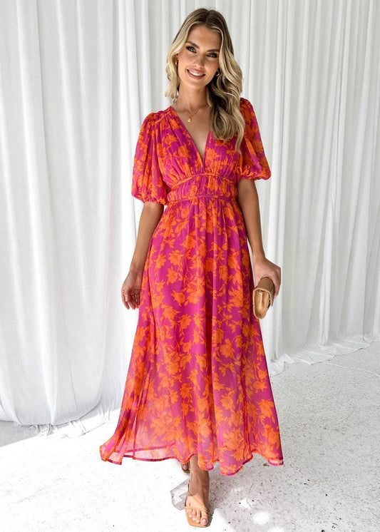 Asun | Vestido midi floral con mangas abullonadas para mujer