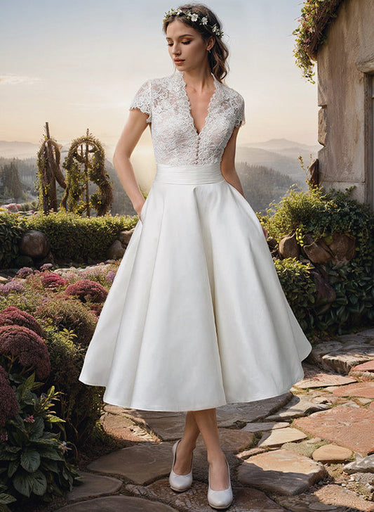 Sara | Vestido midi de mujer para boda con encaje y escote en V