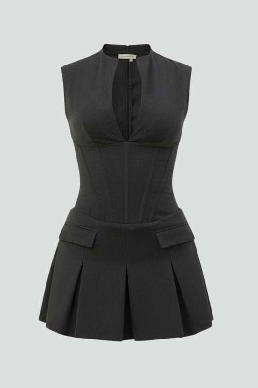 Irene | Vestido mini de mujer con escote profundo y falda plisada