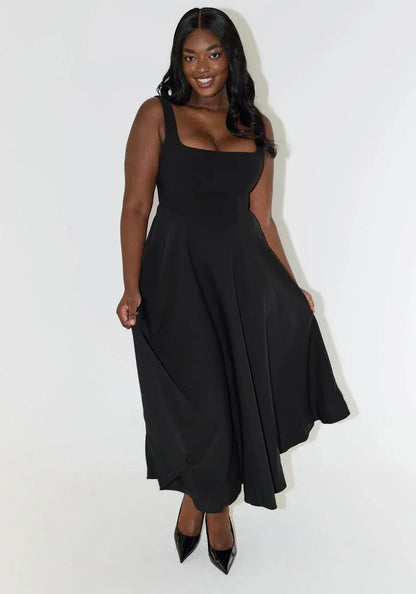 Sergia | Robe midi taille haute avec décolleté carré