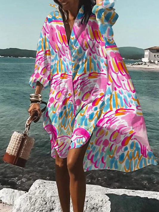 Rosario | Vestido midi tipo camisa con estampado floral y manga larga